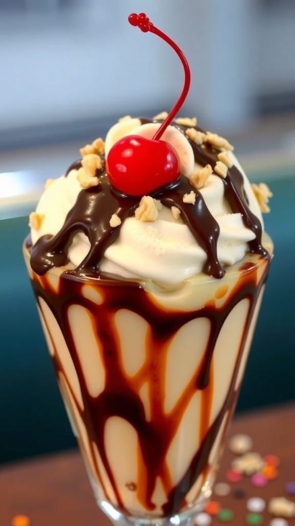 A classic 1960s ice cream sundae with vanilla ice cream, chocolate syrup, whipped cream, nuts, and a cherry.